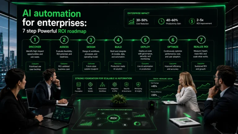 Enterprise AI automation roadmap dashboard showing a 7-step ROI strategy with business leaders reviewing cost reduction, productivity gain, and scalable automation metrics.