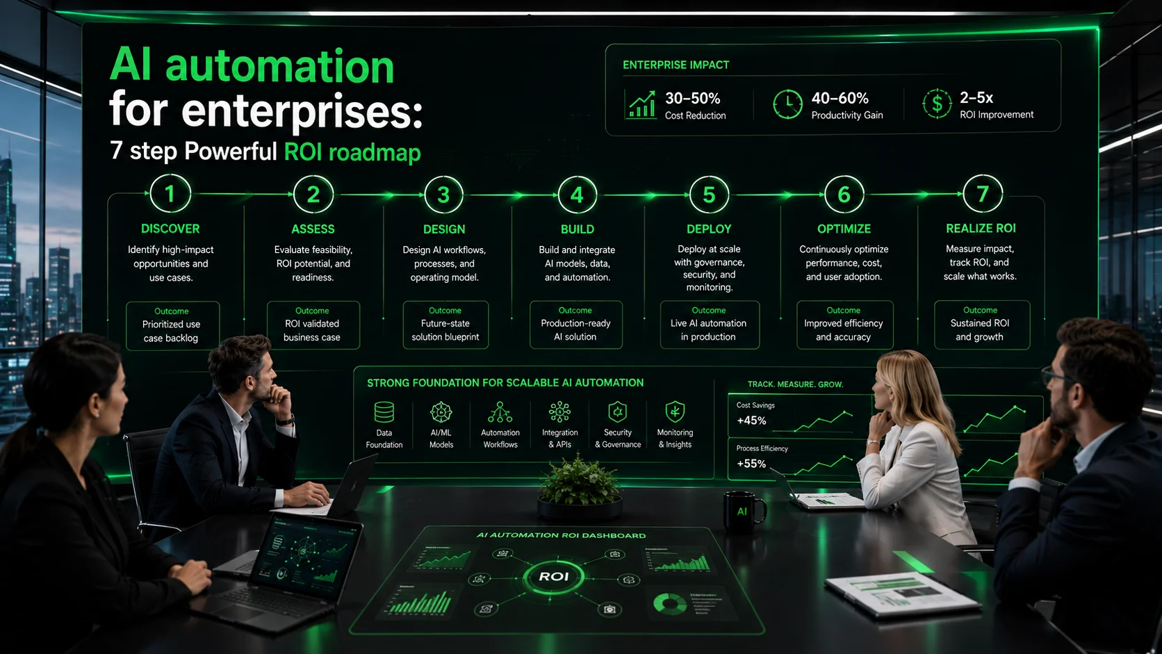 Enterprise AI automation roadmap dashboard showing a 7-step ROI strategy with business leaders reviewing cost reduction, productivity gain, and scalable automation metrics.