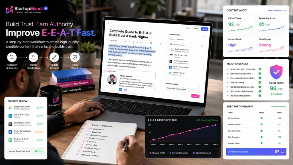Content creator improving blog trust signals on a website dashboard.