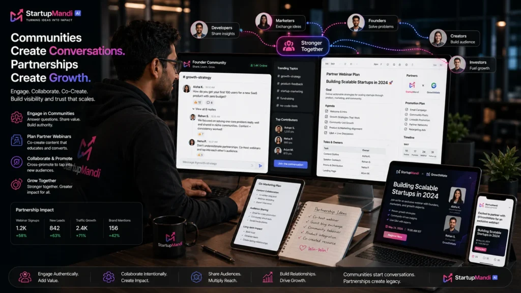 Startup founder using community engagement and partnerships to drive traffic.