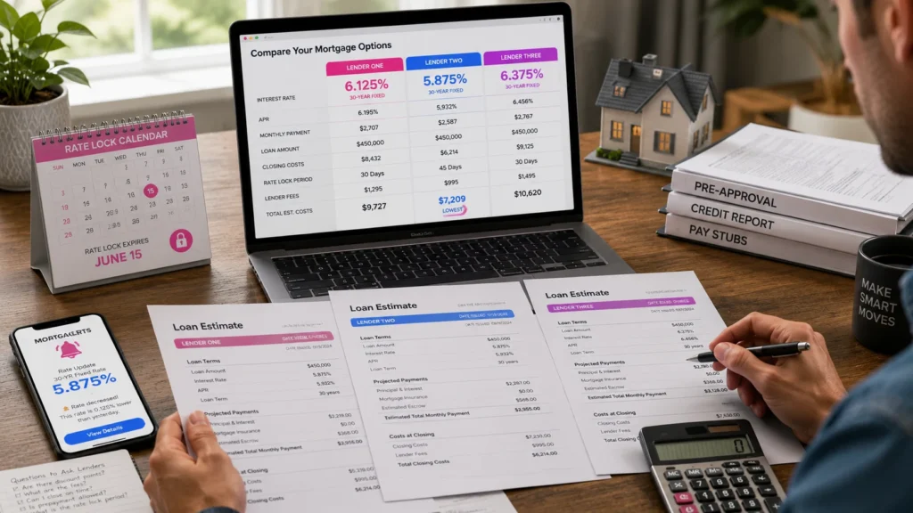 Homebuyer comparing mortgage offers and loan estimates.
