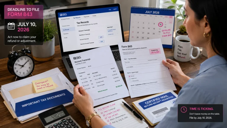 Taxpayer reviewing IRS Form 843 and a July 10, 2026 deadline.