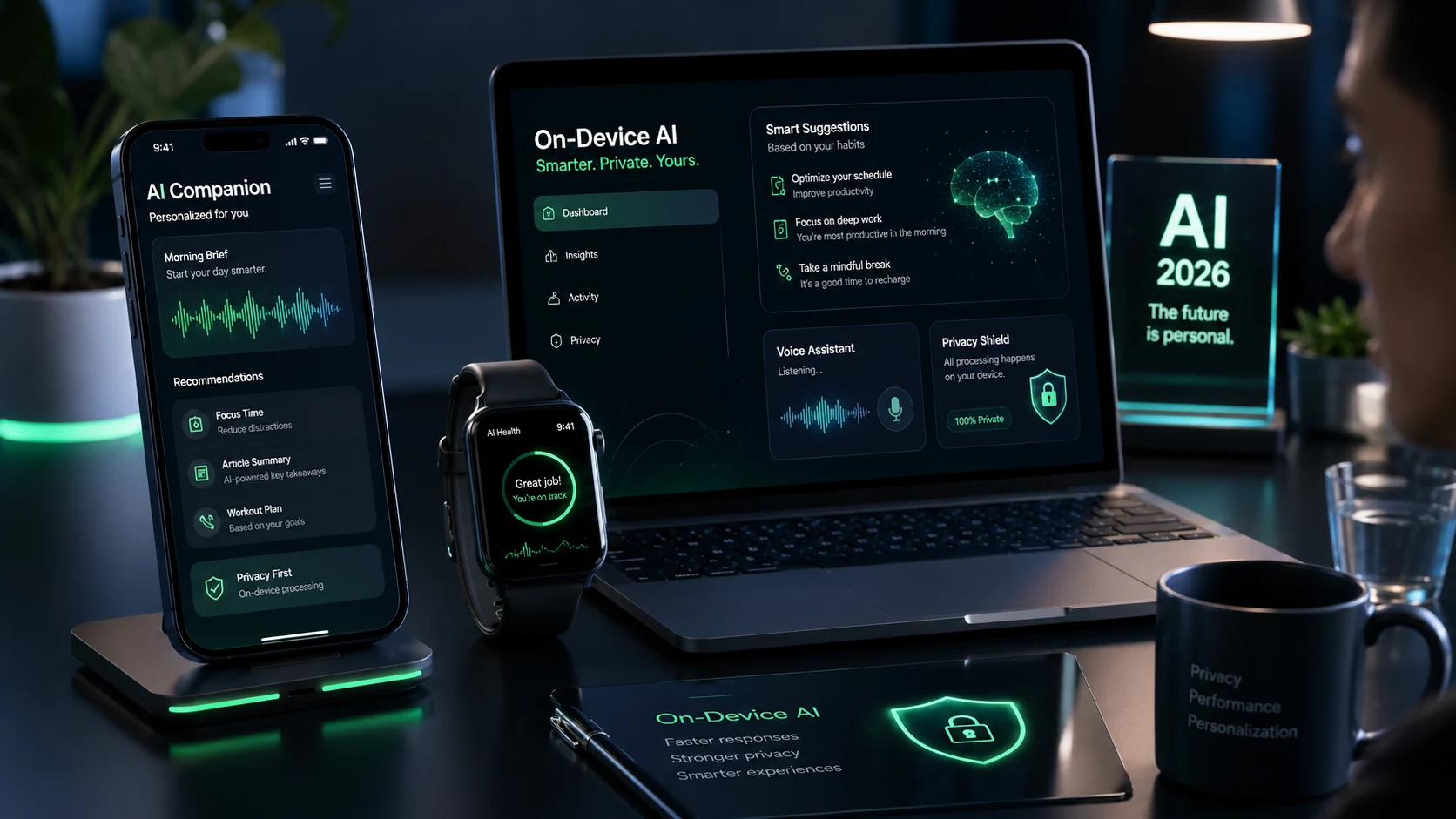 Devices showing personalized AI interfaces powered by on-device AI.
