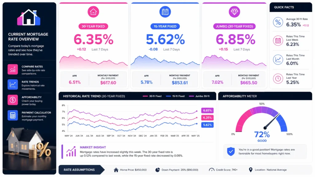 Infographic comparing current mortgage rates and loan types.