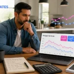 Homebuyer reviewing current US mortgage rates and affordability trends.