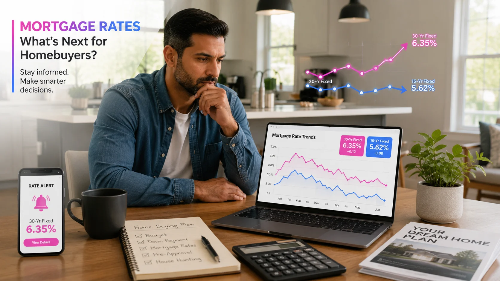 Homebuyer reviewing current US mortgage rates and affordability trends.