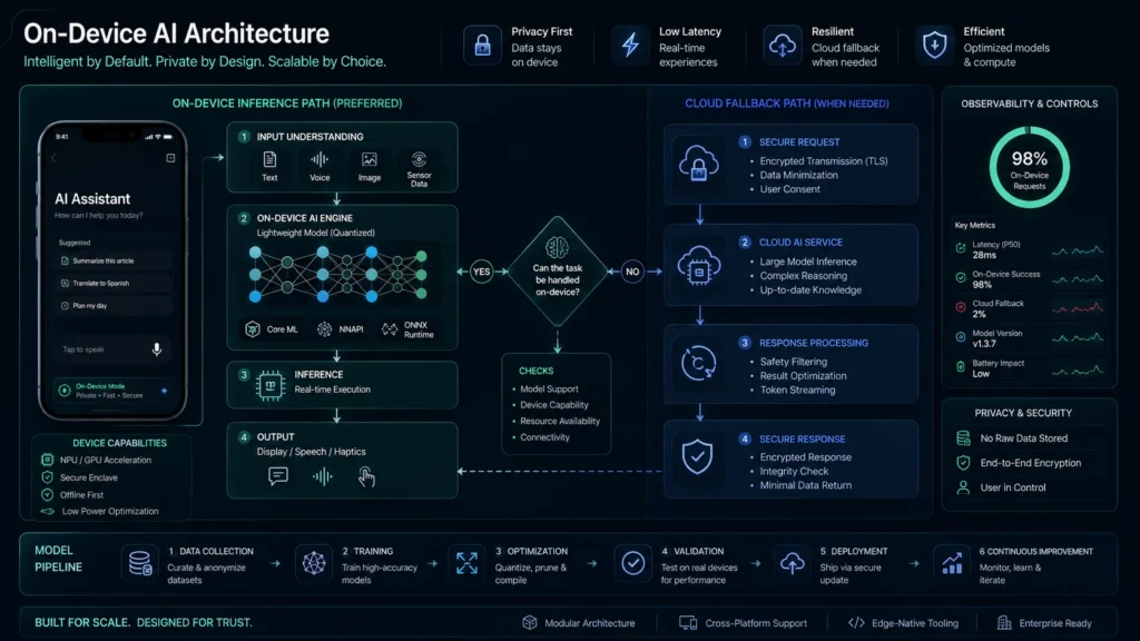 Diagram of on-device AI workflow with cloud fallback.