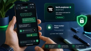 WhatsApp username feature shown on a smartphone with privacy and identity elements.