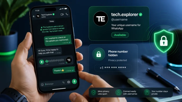 WhatsApp username feature shown on a smartphone with privacy and identity elements.