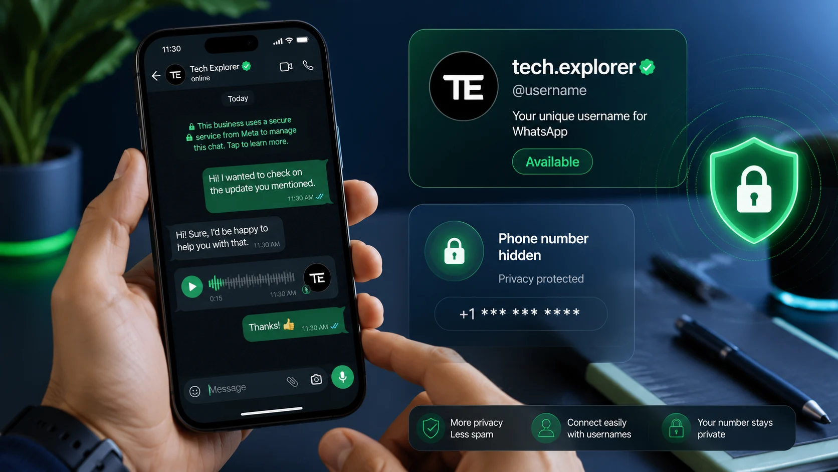 WhatsApp username feature shown on a smartphone with privacy and identity elements.