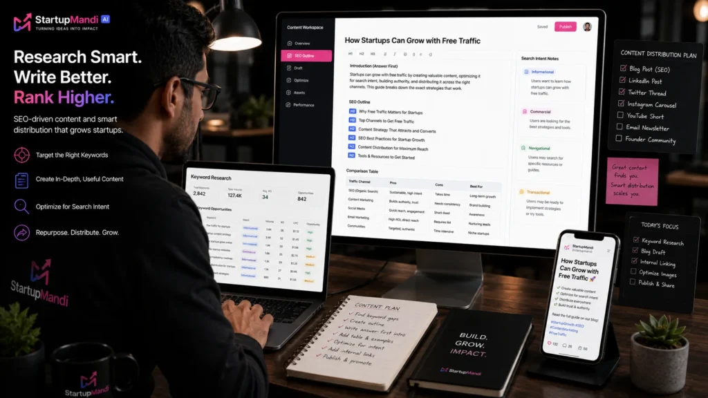 Founder creating SEO content and repurposing it for multiple channels.