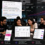Startup team reviewing SEO, content, community, and partnership growth dashboards.