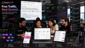 Startup team reviewing SEO, content, community, and partnership growth dashboards.