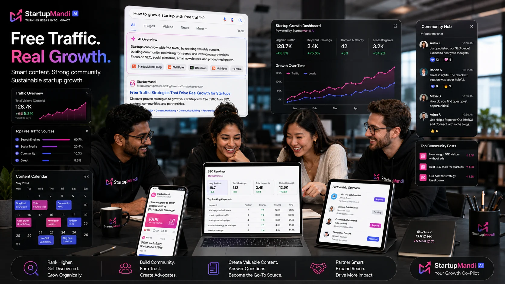 Startup team reviewing SEO, content, community, and partnership growth dashboards.