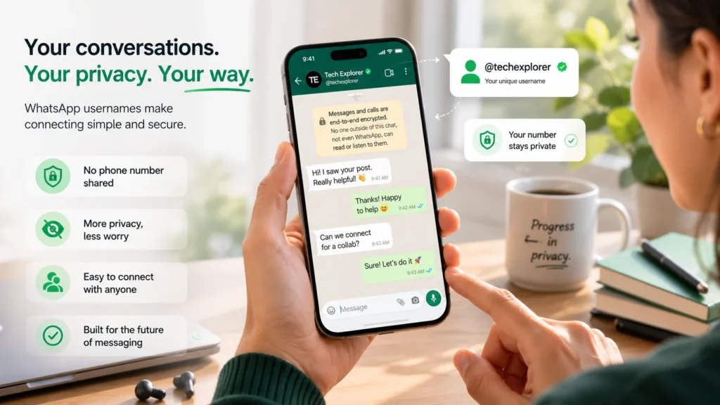 Person using WhatsApp with a username-based privacy interface.