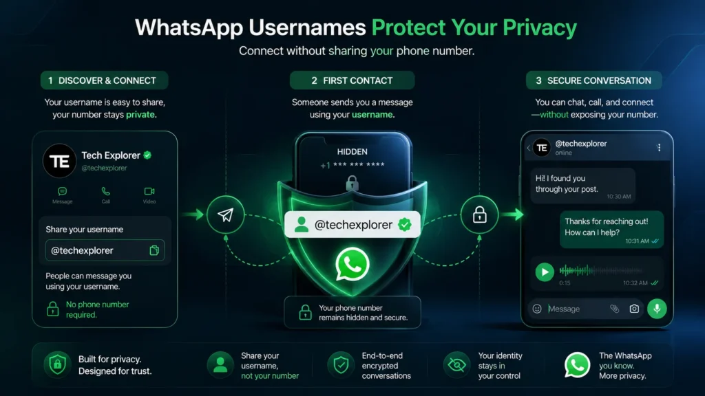 Privacy infographic showing how usernames hide phone numbers on WhatsApp.