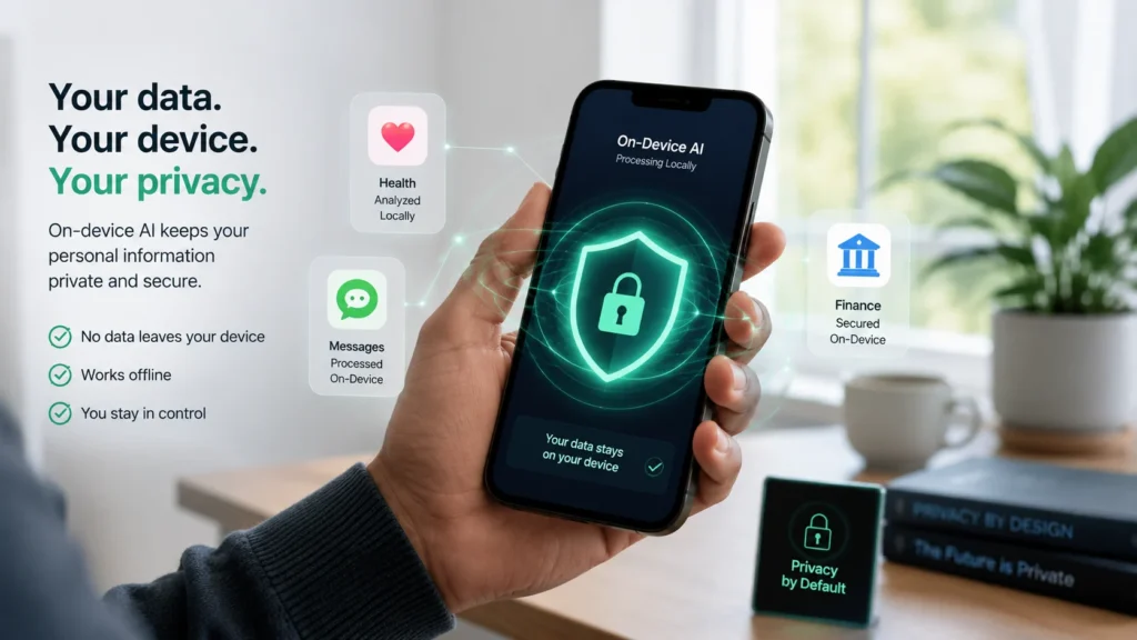 Privacy shield graphic around a phone running on-device AI.