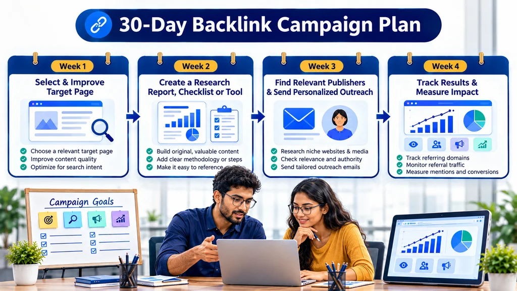 Four-week backlink campaign plan covering content, outreach, and performance tracking.