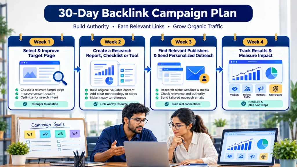 Four-week backlink campaign plan covering content, outreach, and performance tracking.