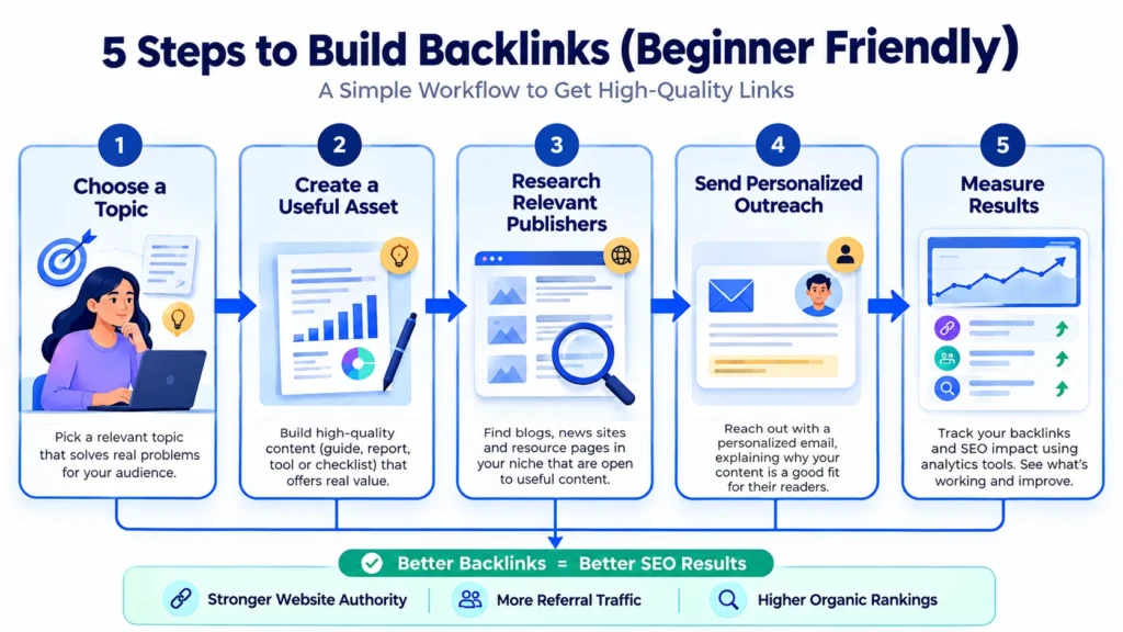 Five-stage workflow for creating content, conducting outreach, and measuring backlink results.