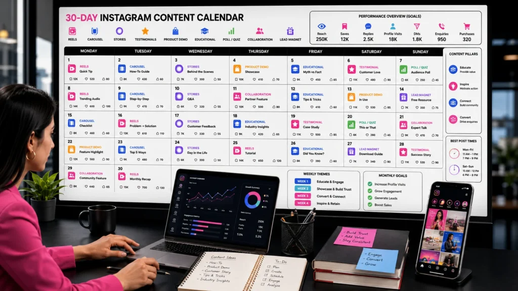 Thirty-day Instagram content calendar with Reels, carousels, Stories, testimonials, and lead magnets.