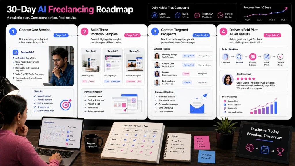 Thirty-day AI freelancing roadmap showing skill selection, portfolio building, outreach, and client delivery.