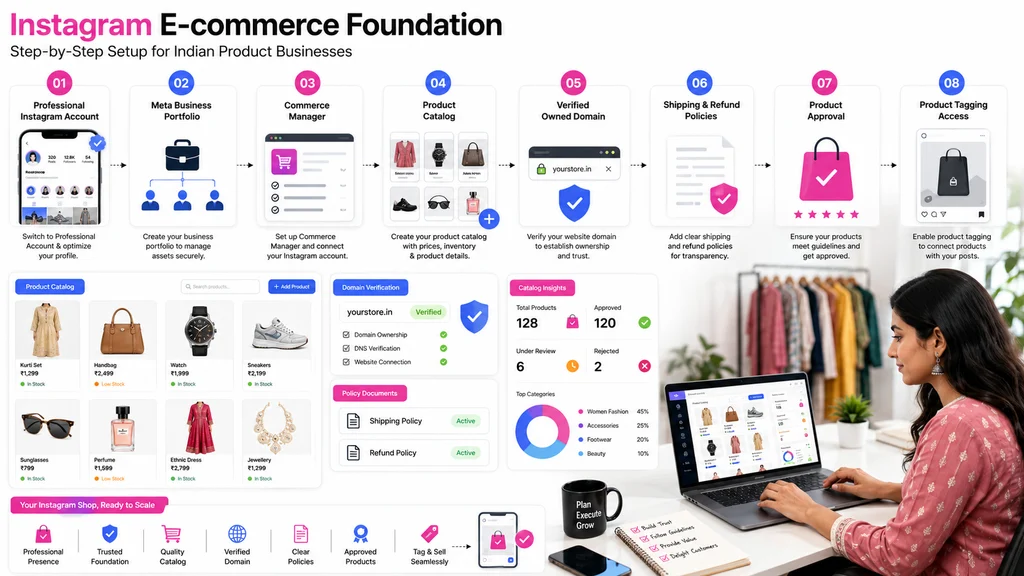Instagram ecommerce setup workflow showing account, catalog, domain, policy, and approval stages.