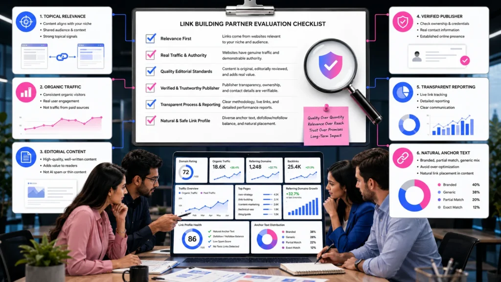 SEO checklist showing relevance, traffic, editorial quality, reporting, and anchor-text checks.