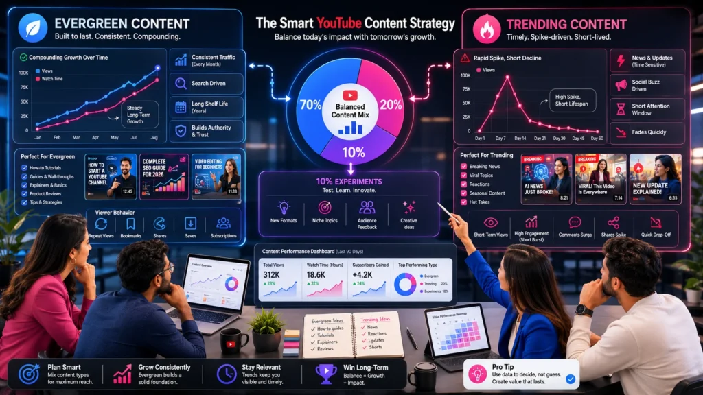 Visual comparison between evergreen YouTube content with steady traffic and trending content with a short-lived spike.