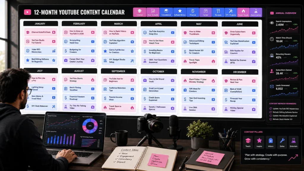 Twelve-month YouTube content calendar with evergreen videos, trends, experiments, and refresh reminders.