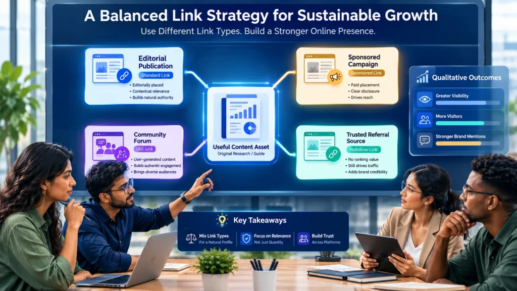 Balanced SEO strategy connecting editorial, sponsored, UGC, and nofollow links to one content asset.
