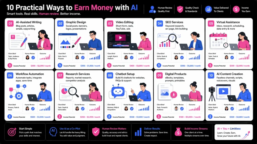 Infographic showing ten practical AI income ideas including writing, design, video, SEO, automation, and digital products.