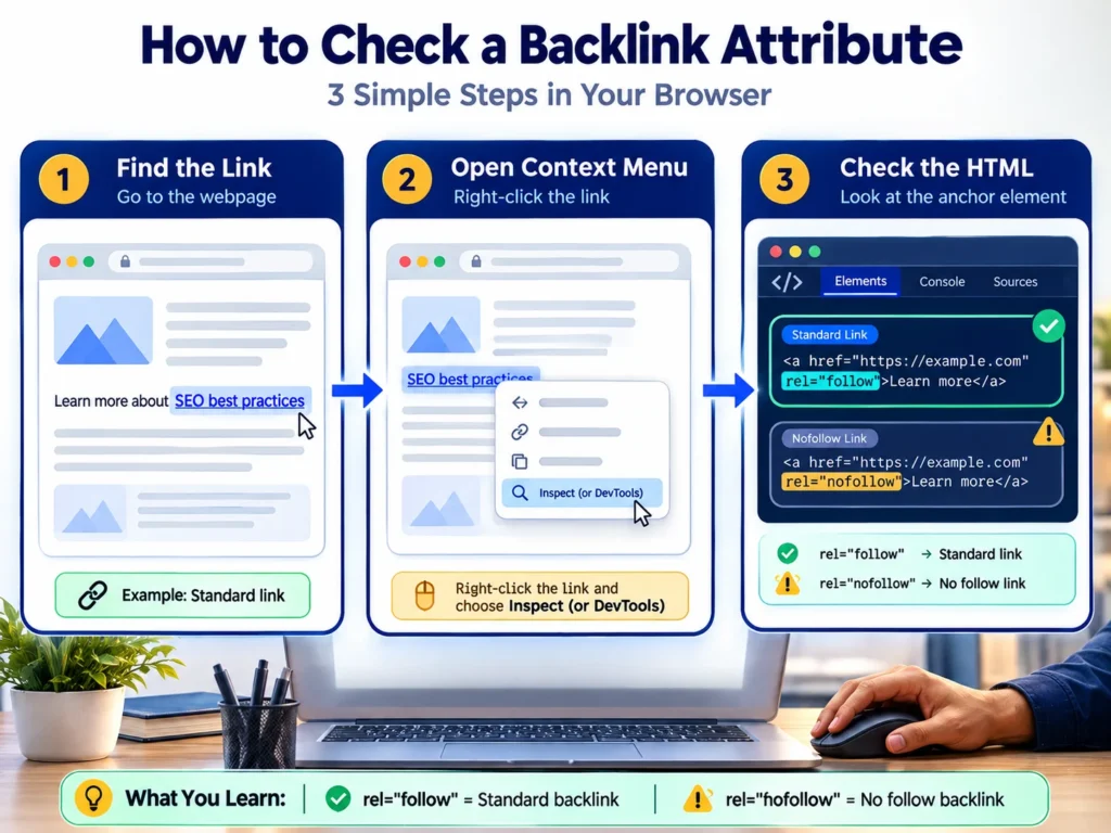 Browser inspection tutorial showing how to identify a nofollow link attribute in HTML.