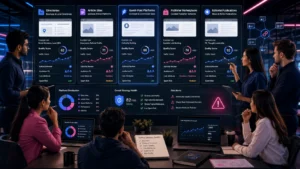 SEO professionals comparing different types of backlink submission sites on a digital dashboard.