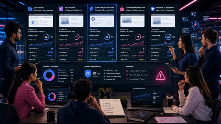 SEO professionals comparing different types of backlink submission sites on a digital dashboard.