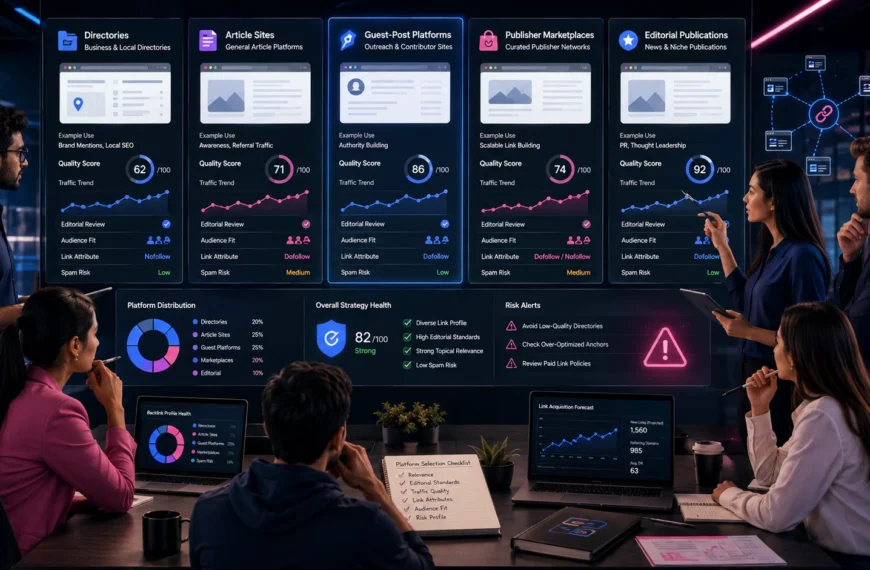 SEO professionals comparing different types of backlink submission sites on a digital dashboard.