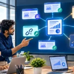 Diverse startup marketers planning a backlink-building campaign with research, outreach, and analytics.