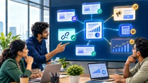 Diverse startup marketers planning a backlink-building campaign with research, outreach, and analytics.