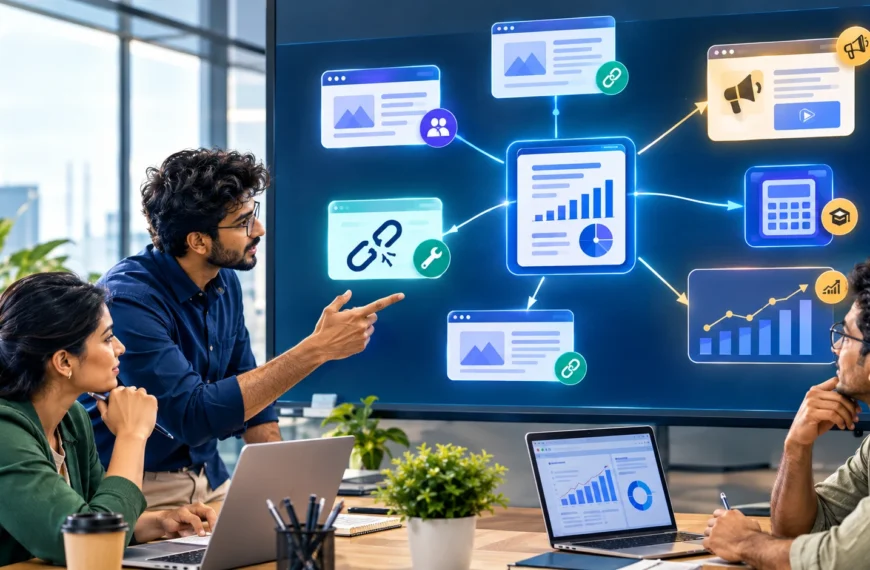 Diverse startup marketers planning a backlink-building campaign with research, outreach, and analytics.