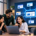 Diverse startup marketers studying a network of SEO backlinks and referral traffic.