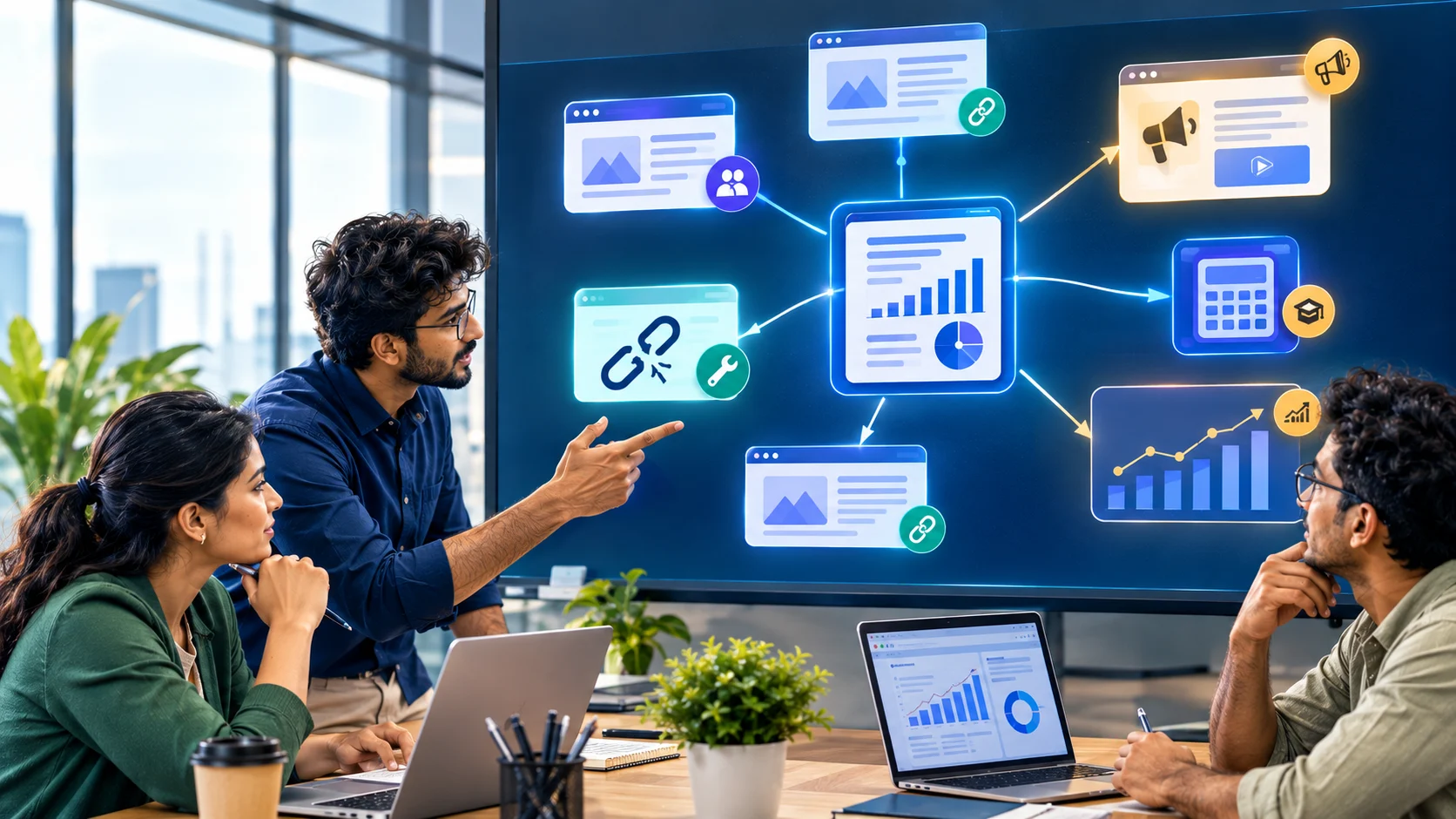 Diverse startup marketers planning a backlink-building campaign with research, outreach, and analytics.