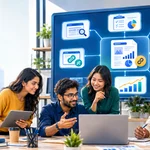 Diverse startup marketers planning a backlink-building campaign with research, outreach, and analytics.