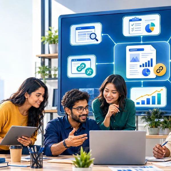 Diverse startup marketers planning a backlink-building campaign with research, outreach, and analytics.