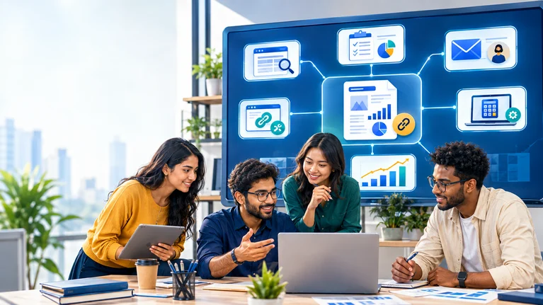 Diverse startup marketers planning a backlink-building campaign with research, outreach, and analytics.