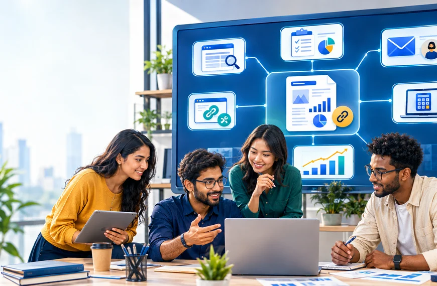 Diverse startup marketers planning a backlink-building campaign with research, outreach, and analytics.