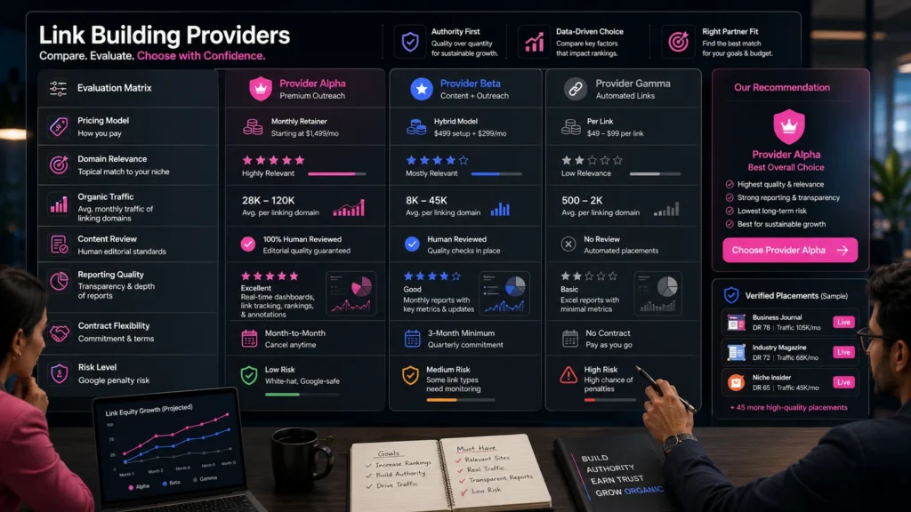 Comparison dashboard showing link building provider pricing, quality, reporting, and risk levels.