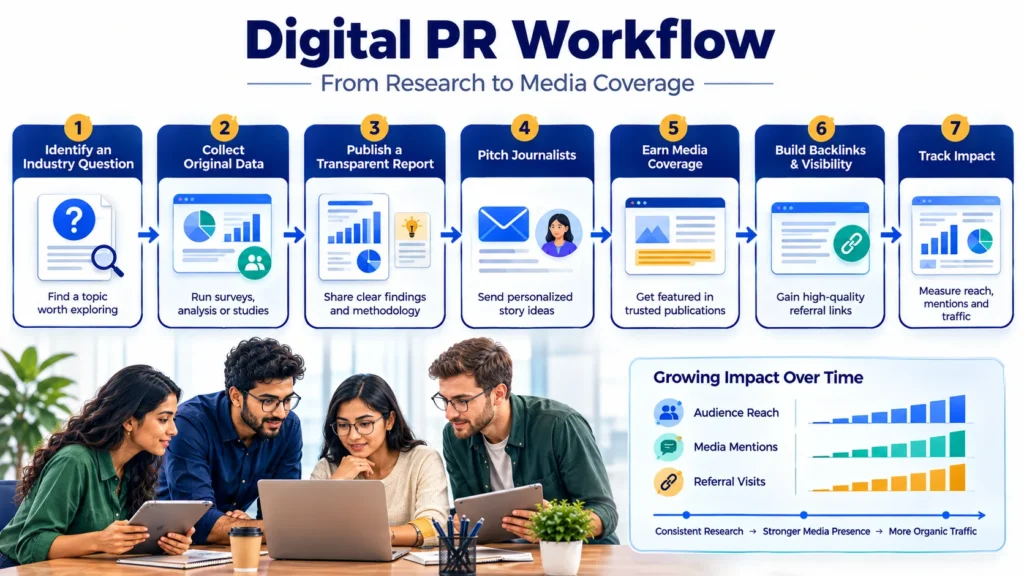 Digital PR workflow from original research to media coverage and backlinks.