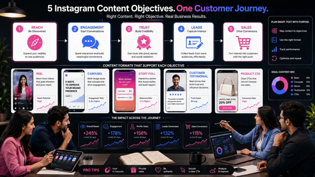 Instagram content funnel showing reach, engagement, trust, leads, and sales objectives.
