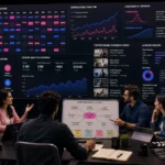 Diverse creators planning evergreen YouTube topics with search graphs, content clusters, and a 12-month calendar.