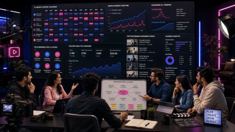 Diverse creators planning evergreen YouTube topics with search graphs, content clusters, and a 12-month calendar.